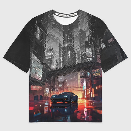 Мужская футболка оверсайз Спорткар на ночной улице / 3D-принт – фото 1