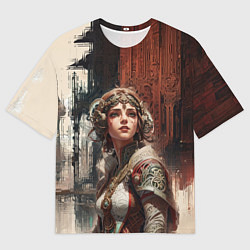 Мужская футболка оверсайз Девушка на фоне футуристичного города