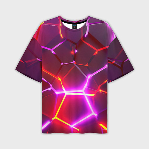 Мужская футболка оверсайз Красные плиты с фиолетовым свечением / 3D-принт – фото 1