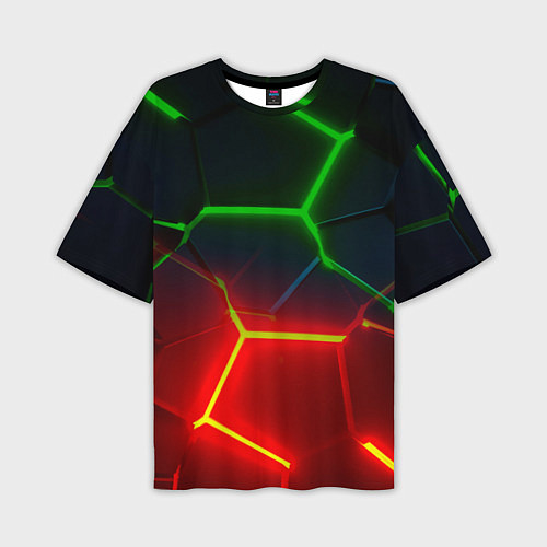 Мужская футболка оверсайз Зеленые и красные неоновые плиты в разломе / 3D-принт – фото 1