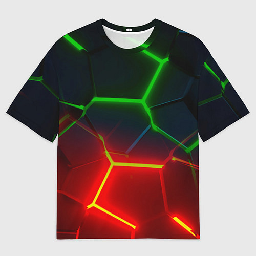 Мужская футболка оверсайз Зеленые и красные неоновые плиты в разломе / 3D-принт – фото 1
