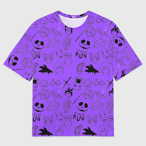 Мужская футболка оверсайз Хэллоуин узор на фиолетовом фоне / 3D-принт – фото 1