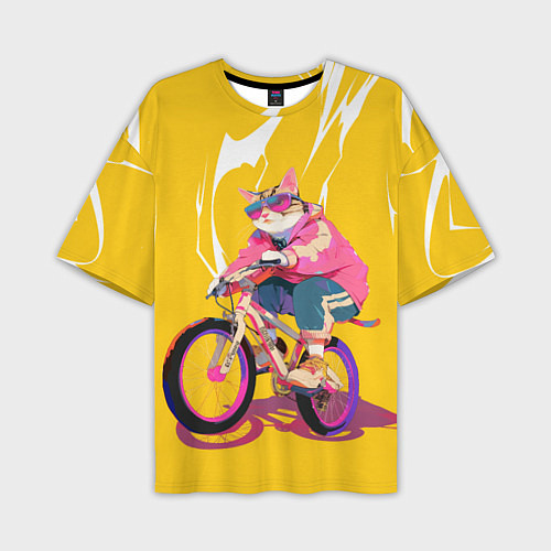 Мужская футболка оверсайз Кот на велосипеде жёлтый фон / 3D-принт – фото 1