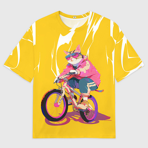 Мужская футболка оверсайз Кот на велосипеде жёлтый фон / 3D-принт – фото 1