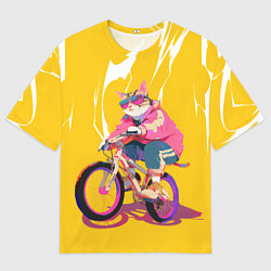 Футболка оверсайз мужская Кот на велосипеде жёлтый фон, цвет: 3D-принт