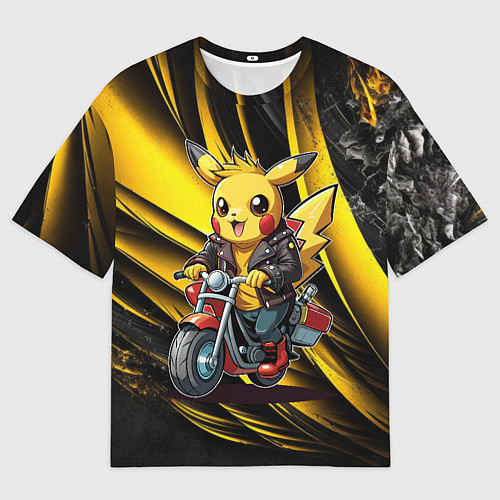 Мужская футболка оверсайз Пикачу на красном мотоцикле / 3D-принт – фото 1