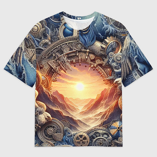 Мужская футболка оверсайз Закат солнца в горах - стимпанк коллаж / 3D-принт – фото 1
