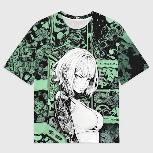 Мужская футболка оверсайз Девушка с татуировкой на мятном фоне / 3D-принт – фото 1
