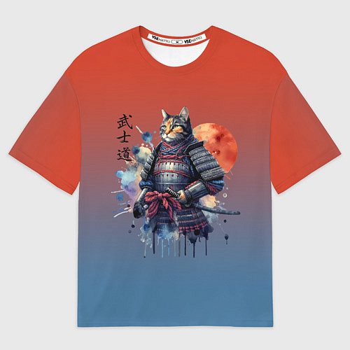 Мужская футболка оверсайз Кот самурай - бусидо / 3D-принт – фото 1