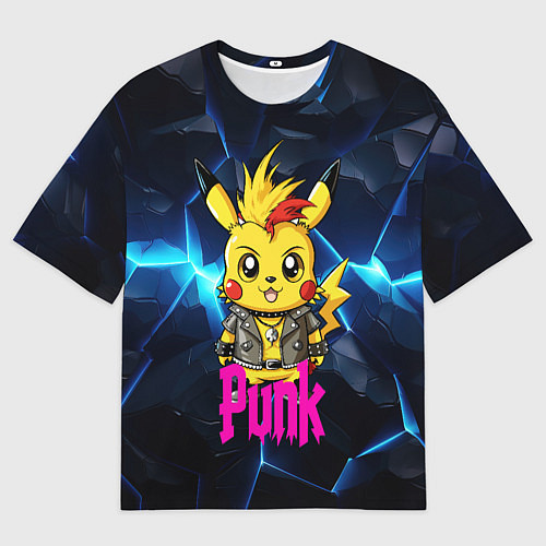 Мужская футболка оверсайз Пикачу панк на фоне синего разлома / 3D-принт – фото 1