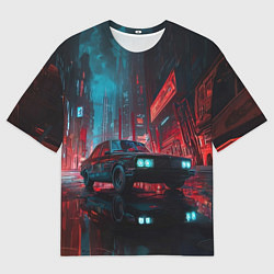 Мужская футболка оверсайз Автомобиль в неоновом городе