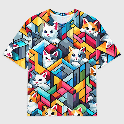 Мужская футболка оверсайз Геометрический паттерн с котятами - нейросеть / 3D-принт – фото 1