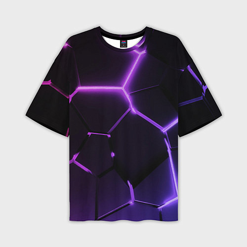 Мужская футболка оверсайз Темные фиолетовые неоновые плиты в разломе / 3D-принт – фото 1