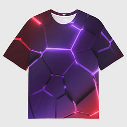 Футболка оверсайз мужская Красно-фиолетовые неоновые плиты в разломе, цвет: 3D-принт