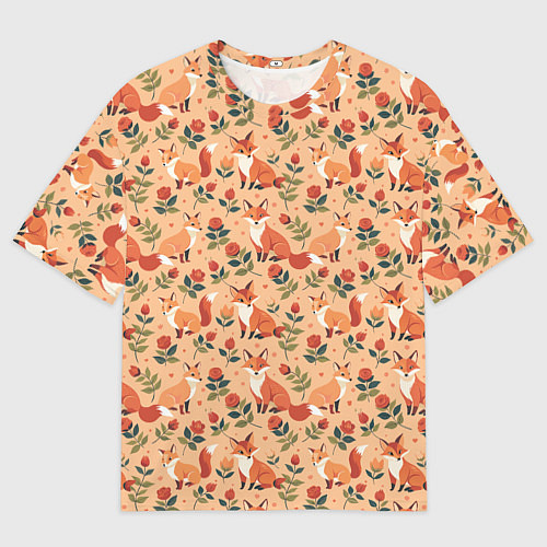 Мужская футболка оверсайз Лисята в розах / 3D-принт – фото 1