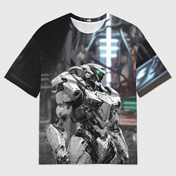 Мужская футболка оверсайз Боевой робот в белой броне