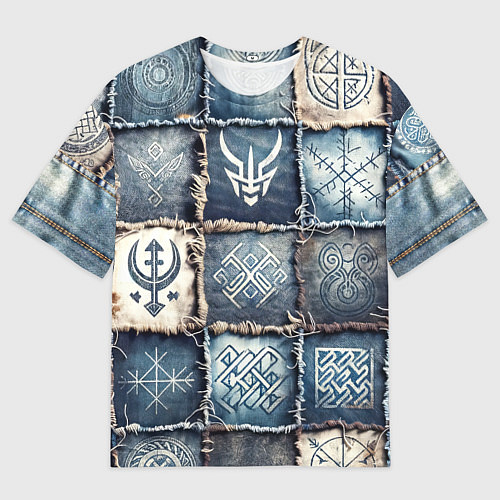 Мужская футболка оверсайз Руны викингов на пэчворк джинсах / 3D-принт – фото 1