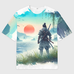 Мужская футболка оверсайз Японский самурай на берегу горного озера