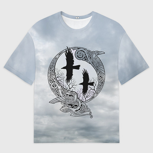 Мужская футболка оверсайз Вороны одина в кельтском орнаменте на фоне неба / 3D-принт – фото 1