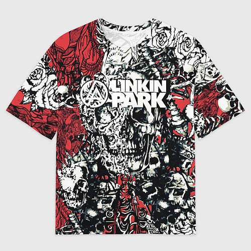 Мужская футболка оверсайз Linkin Park на фоне татуировки черепов и скелетов / 3D-принт – фото 1