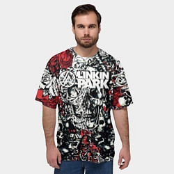Футболка оверсайз мужская Linkin Park на фоне татуировки черепов и скелетов, цвет: 3D-принт — фото 2