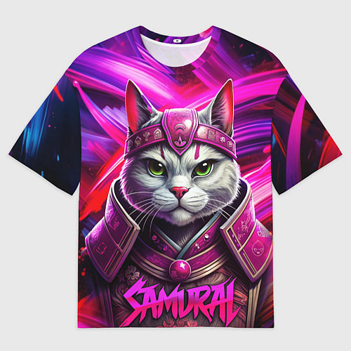 Мужская футболка оверсайз Кот в самурайском стиле / 3D-принт – фото 1