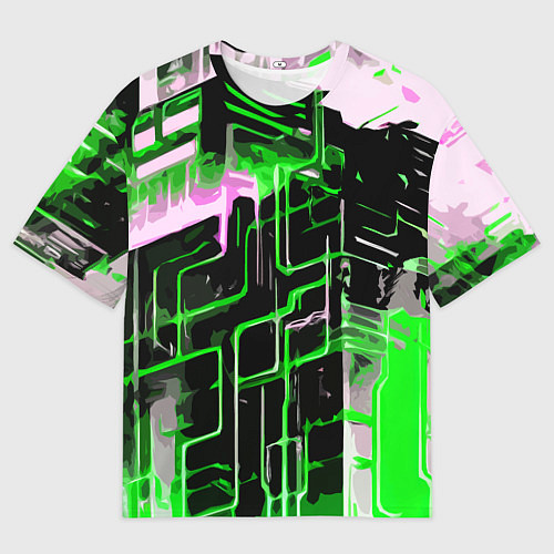 Мужская футболка оверсайз Хаотичная зелёно-белая абстракция / 3D-принт – фото 1