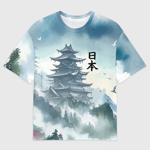 Мужская футболка оверсайз Японская пагода в тумане - нейросеть / 3D-принт – фото 1