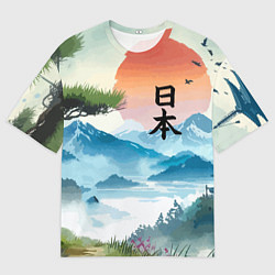 Футболка оверсайз мужская Восход красного солнца - Японский пейзаж, цвет: 3D-принт