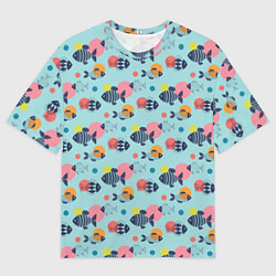 Футболка оверсайз мужская Рыбы с геометрическим узором и кругами, цвет: 3D-принт