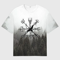 Мужская футболка оверсайз Ворон в обережном компасе на фоне леса