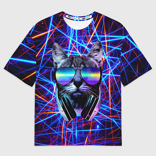 Мужская футболка оверсайз Cat DJ neon / 3D-принт – фото 1