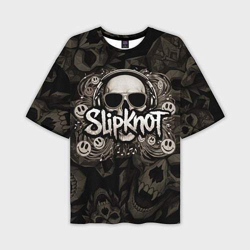 Мужская футболка оверсайз Slipknot на фоне черепа в очках и наушниках / 3D-принт – фото 1
