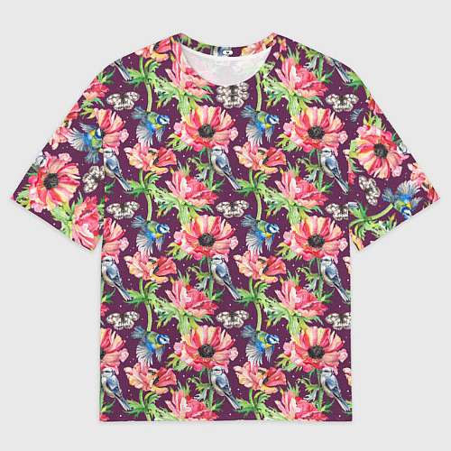 Мужская футболка оверсайз Птицы и цветы / 3D-принт – фото 1