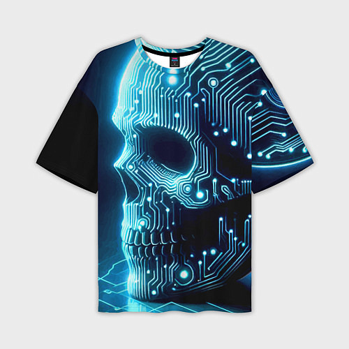 Мужская футболка оверсайз Cyber neon skull - ai art с дорожками на плате / 3D-принт – фото 1