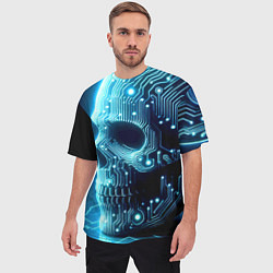 Футболка оверсайз мужская Cyber neon skull - ai art с дорожками на плате, цвет: 3D-принт — фото 2