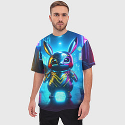 Футболка оверсайз мужская Neon cyber Pikachu made of metal steel - ai art, цвет: 3D-принт — фото 2