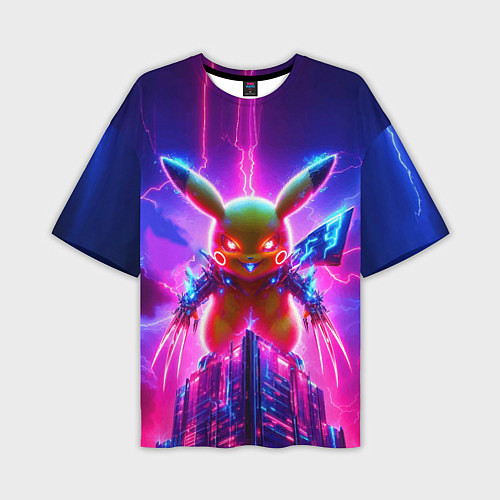 Мужская футболка оверсайз Neon horror - cyber Pikachu / 3D-принт – фото 1