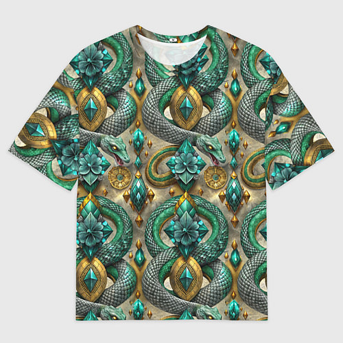 Мужская футболка оверсайз Паттерн зеленые темные змеи / 3D-принт – фото 1
