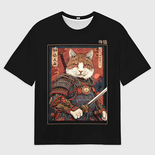 Мужская футболка оверсайз Кот - рыцарь самурай / 3D-принт – фото 1
