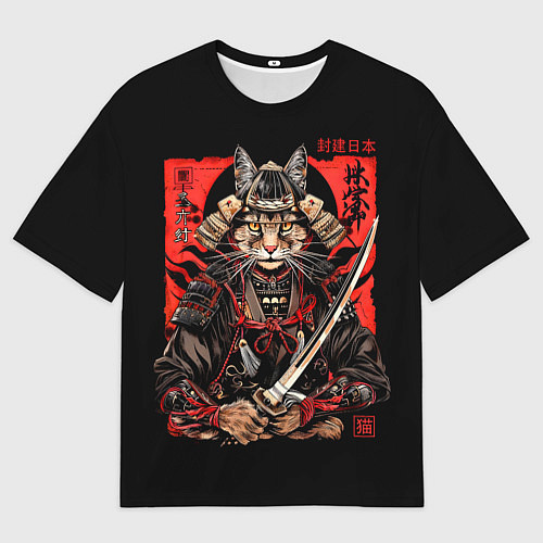 Мужская футболка оверсайз Кот самурай - гравюра / 3D-принт – фото 1