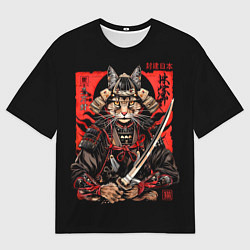 Футболка оверсайз мужская Кот самурай - гравюра, цвет: 3D-принт