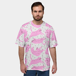 Футболка оверсайз мужская Пухлые спящие розовые котики на фоне в горошек, цвет: 3D-принт — фото 2