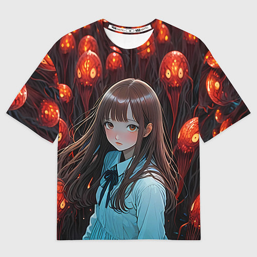 Мужская футболка оверсайз Аниме девушка окружённая красными монстрами / 3D-принт – фото 1