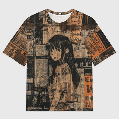 Мужская футболка оверсайз Девчонка на фоне газетных вырезок / 3D-принт – фото 1
