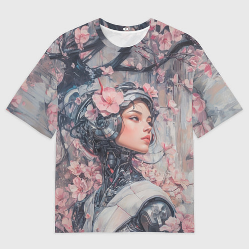 Мужская футболка оверсайз Девушка андроид в розовых цветах / 3D-принт – фото 1