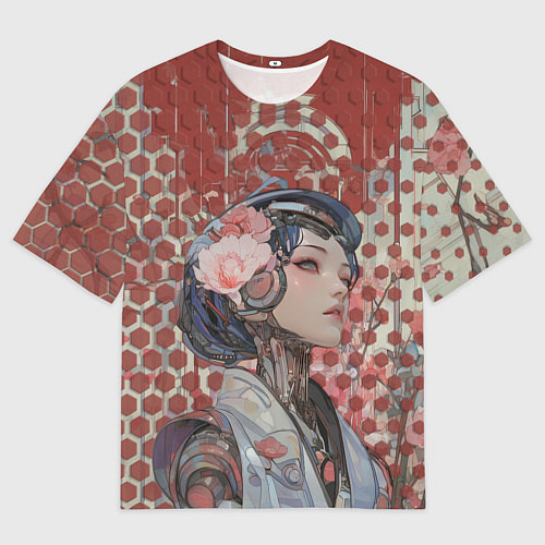 Мужская футболка оверсайз Девушка-андроид на фоне шестиугольников / 3D-принт – фото 1