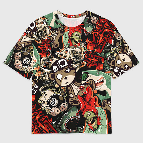 Мужская футболка оверсайз Граффити плюшевого медведя среди акул азарта / 3D-принт – фото 1