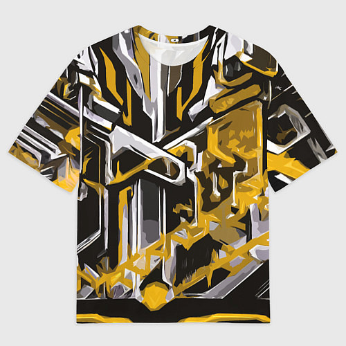 Мужская футболка оверсайз Жёлто-белая агрессивная абстракция на чёрном фоне / 3D-принт – фото 1