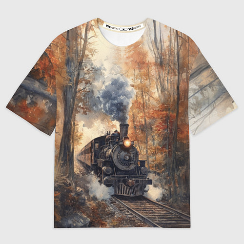 Мужская футболка оверсайз Паровоз в осеннем лесу / 3D-принт – фото 1